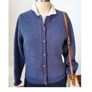 80's Woolrich Woman Blue Teal and Magenta Wool Bird's Eye Fisherman Cardigan M